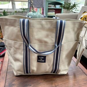 Life is Good Tote Bag Large Cotton Canvas Carryall with Pouch Bone White